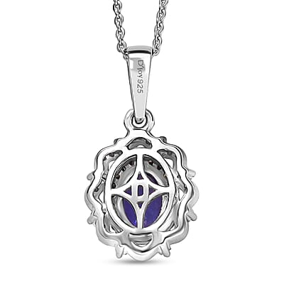 D'Joy Premium Tanzanite, Natural Champagne and White Diamond 1.00 ctw Floral Halo Pendant Necklace 20 Inches in Rhodium Over Sterling Silver