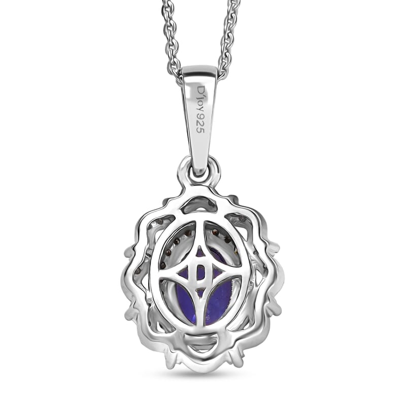 D'Joy Premium Tanzanite, Natural Champagne and White Diamond 1.00 ctw Floral Halo Pendant Necklace 20 Inches in Rhodium Over Sterling Silver