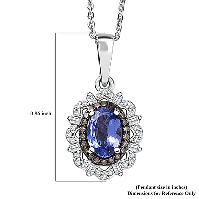 D'Joy Premium Tanzanite, Natural Champagne and White Diamond 1.00 ctw Floral Halo Pendant Necklace 20 Inches in Rhodium Over Sterling Silver