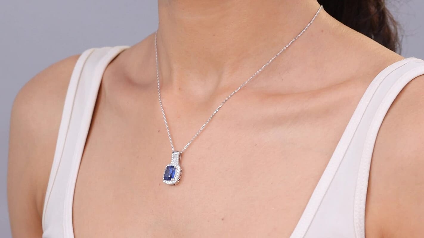 D'Joy Premium Kashmir Kyanite and Moissanite 4.35 ctw Midnight Majesty Pendant Necklace in Rhodium Over Sterling Silver 20 Inches