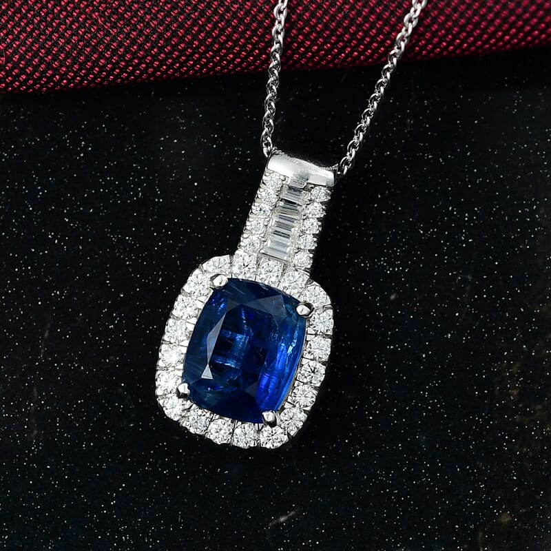 D'Joy Premium Kashmir Kyanite and Moissanite 4.35 ctw Midnight Majesty Pendant Necklace in Rhodium Over Sterling Silver 20 Inches