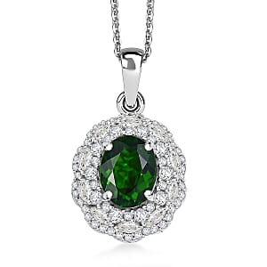 D'Joy Chrome Diopside, White Zircon Pendant Necklace (20 Inches) in Rhodium Over Sterling Silver 3.00 ctw