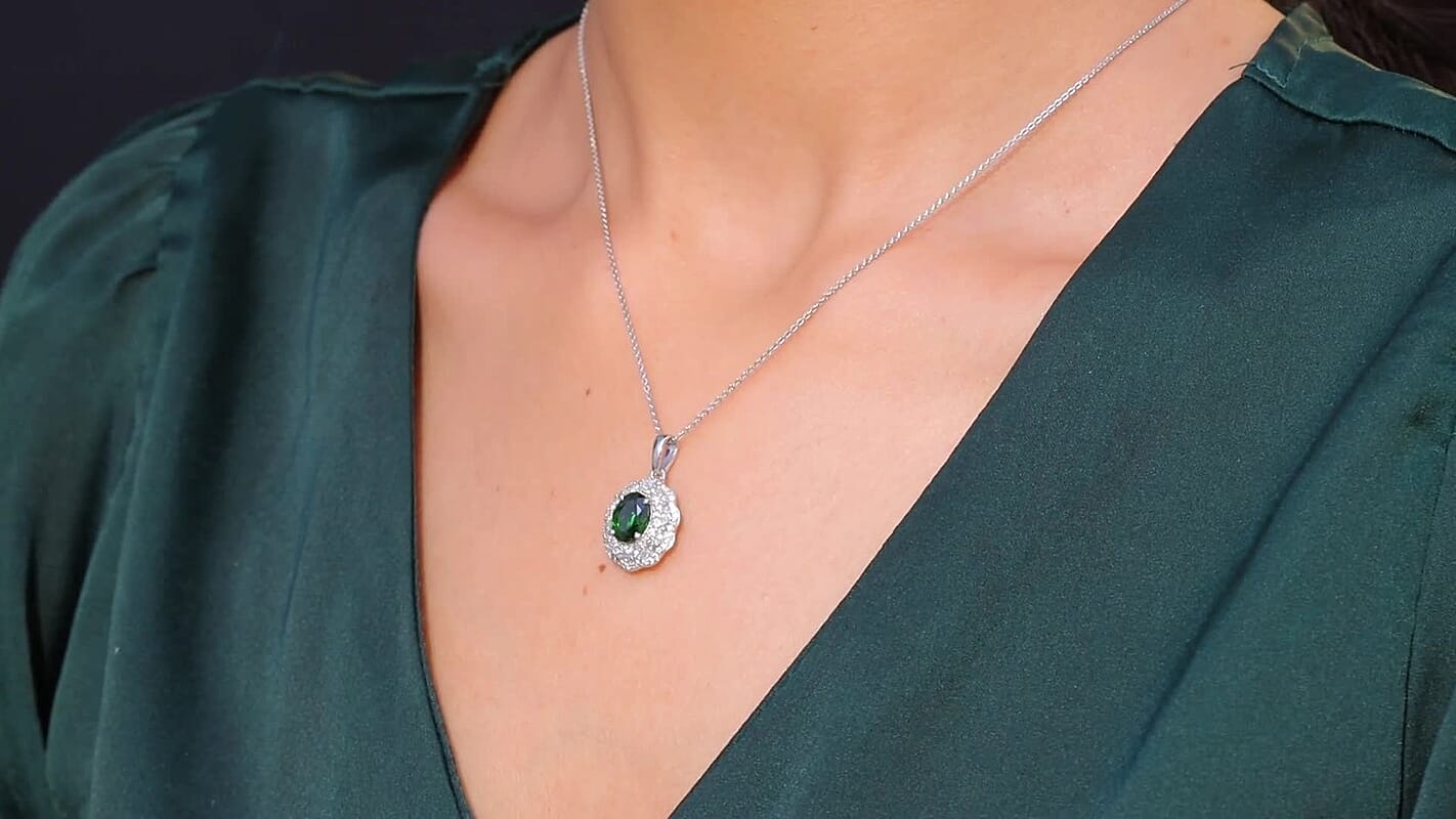 D'Joy Chrome Diopside, White Zircon Pendant Necklace (20 Inches) in Rhodium Over Sterling Silver 3.00 ctw
