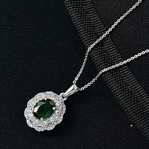D'Joy Chrome Diopside, White Zircon Pendant Necklace (20 Inches) in Rhodium Over Sterling Silver 3.00 ctw