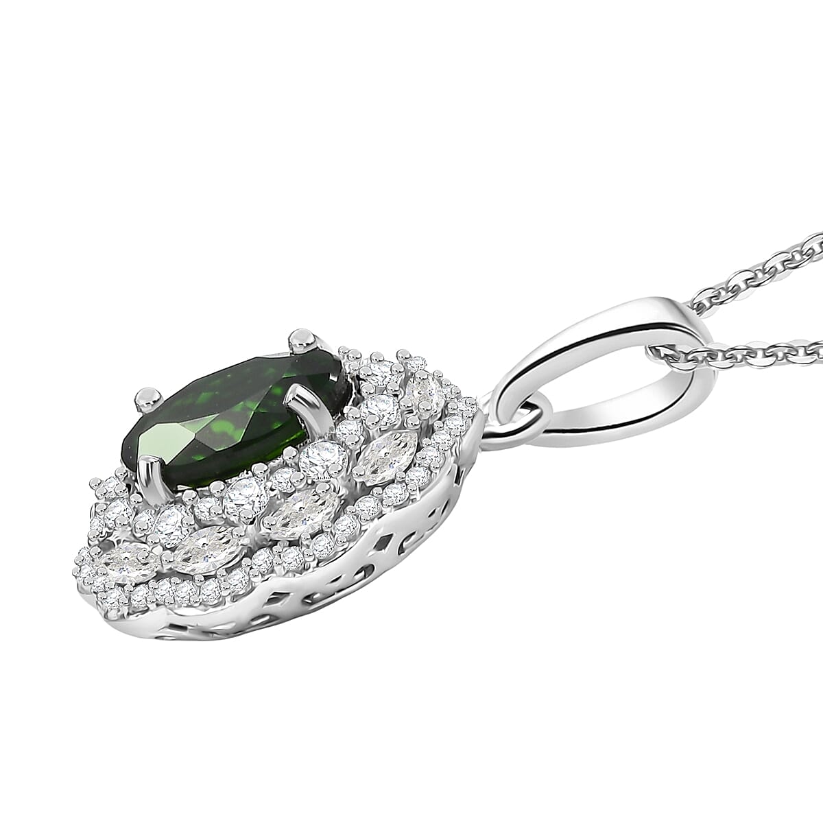D'Joy Chrome Diopside, White Zircon Pendant Necklace (20 Inches) in Rhodium Over Sterling Silver 3.00 ctw image number 3