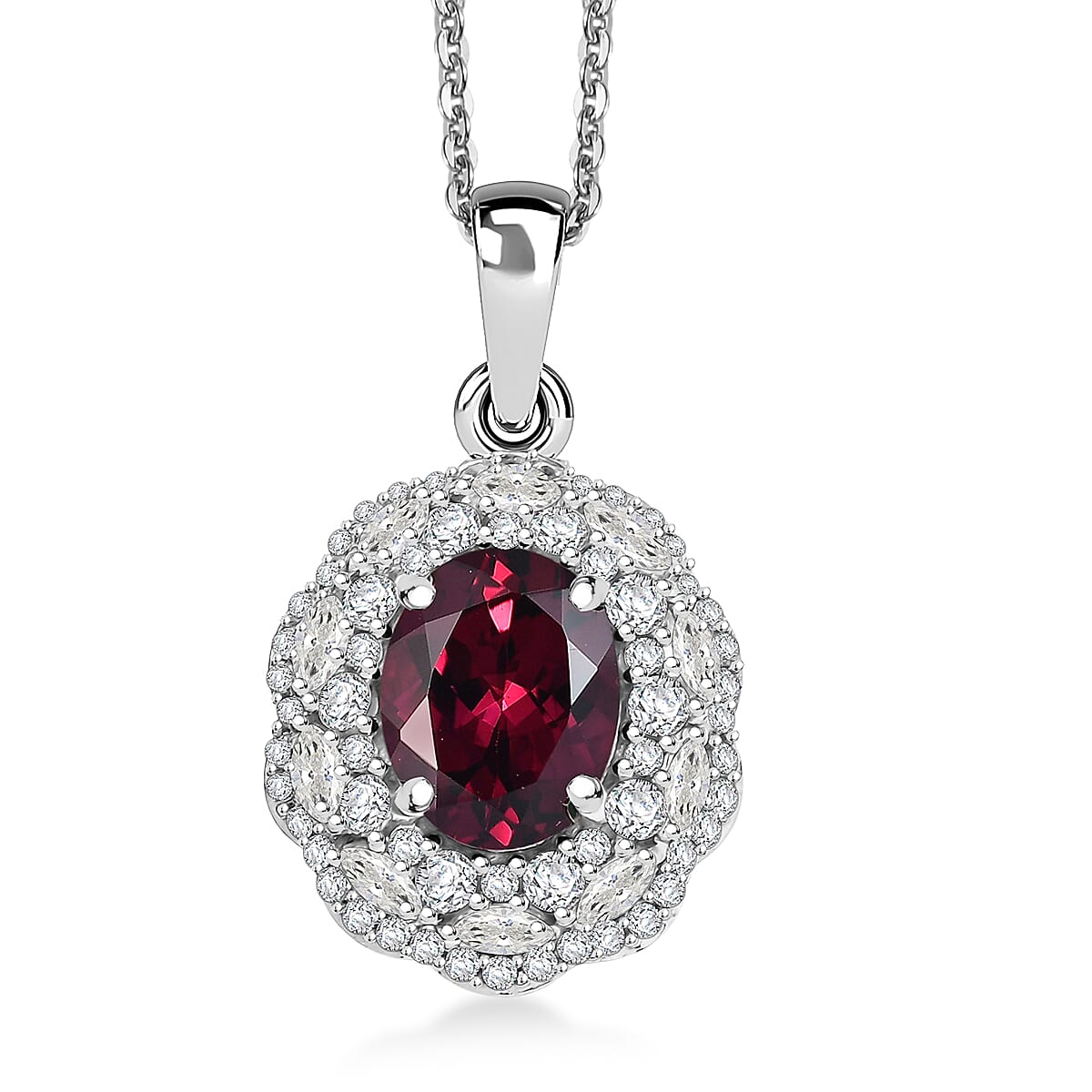 D'Joy Chrome Diopside, White Zircon Pendant Necklace (20 Inches) in Rhodium Over Sterling Silver 3.00 ctw