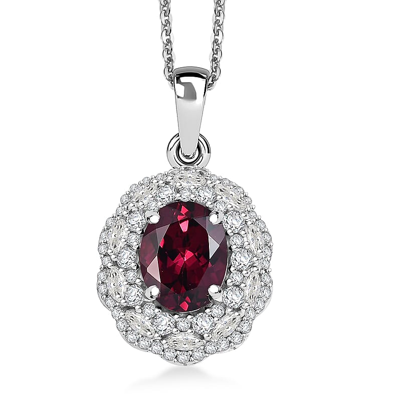 D'Joy Premium Orissa Rhodolite Garnet and White Zircon 4.00 ctw Majestic Bloom Pendant Necklace in Rhodium Over Sterling Silver 20 Inches
