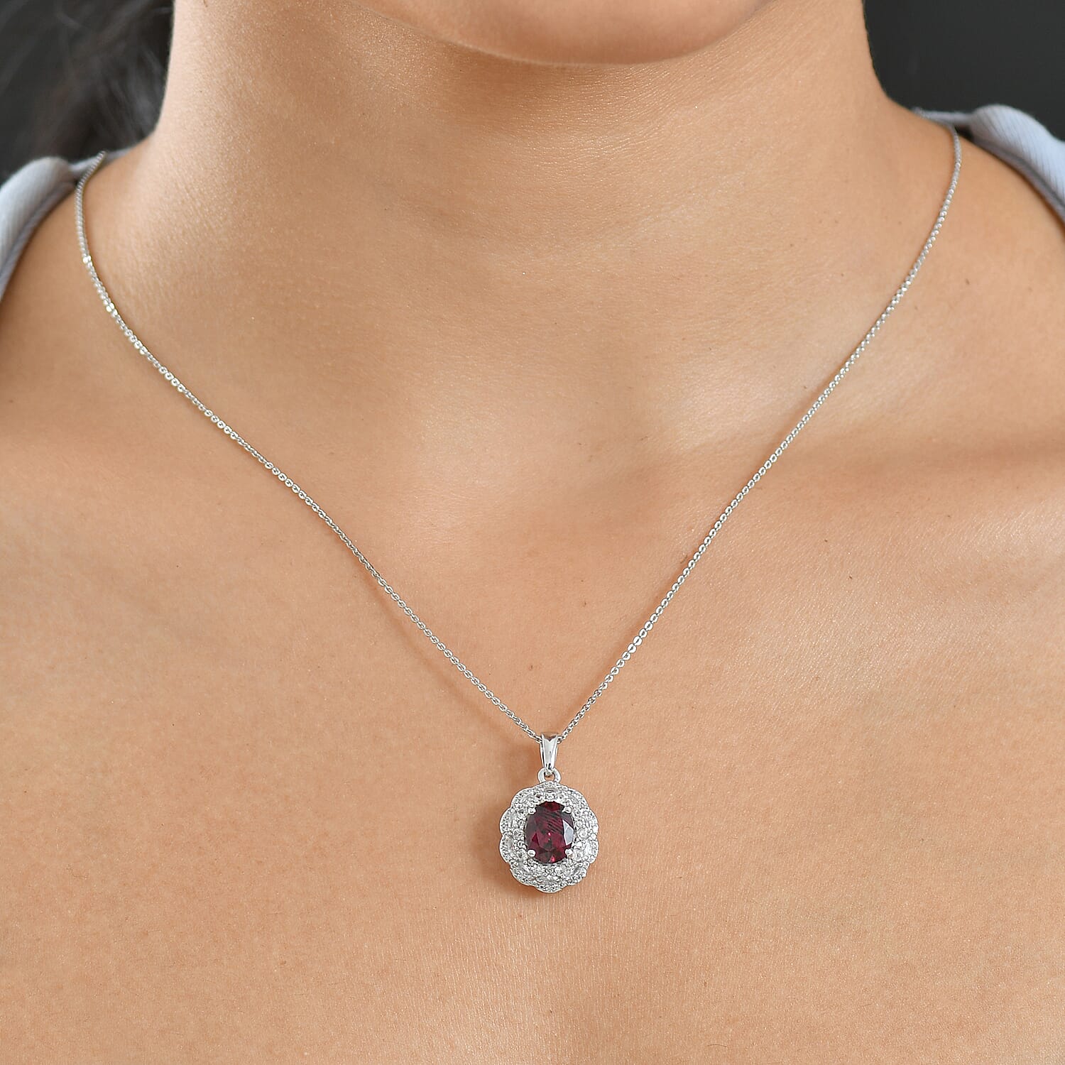 D'Joy Premium Orissa Rhodolite Garnet and White Zircon 4.00 ctw Majestic Bloom Pendant Necklace in Rhodium Over Sterling Silver 20 Inches