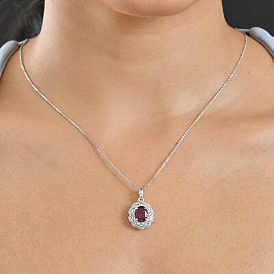 D'Joy Premium Orissa Rhodolite Garnet and White Zircon 4.00 ctw Majestic Bloom Pendant Necklace in Rhodium Over Sterling Silver 20 Inches
