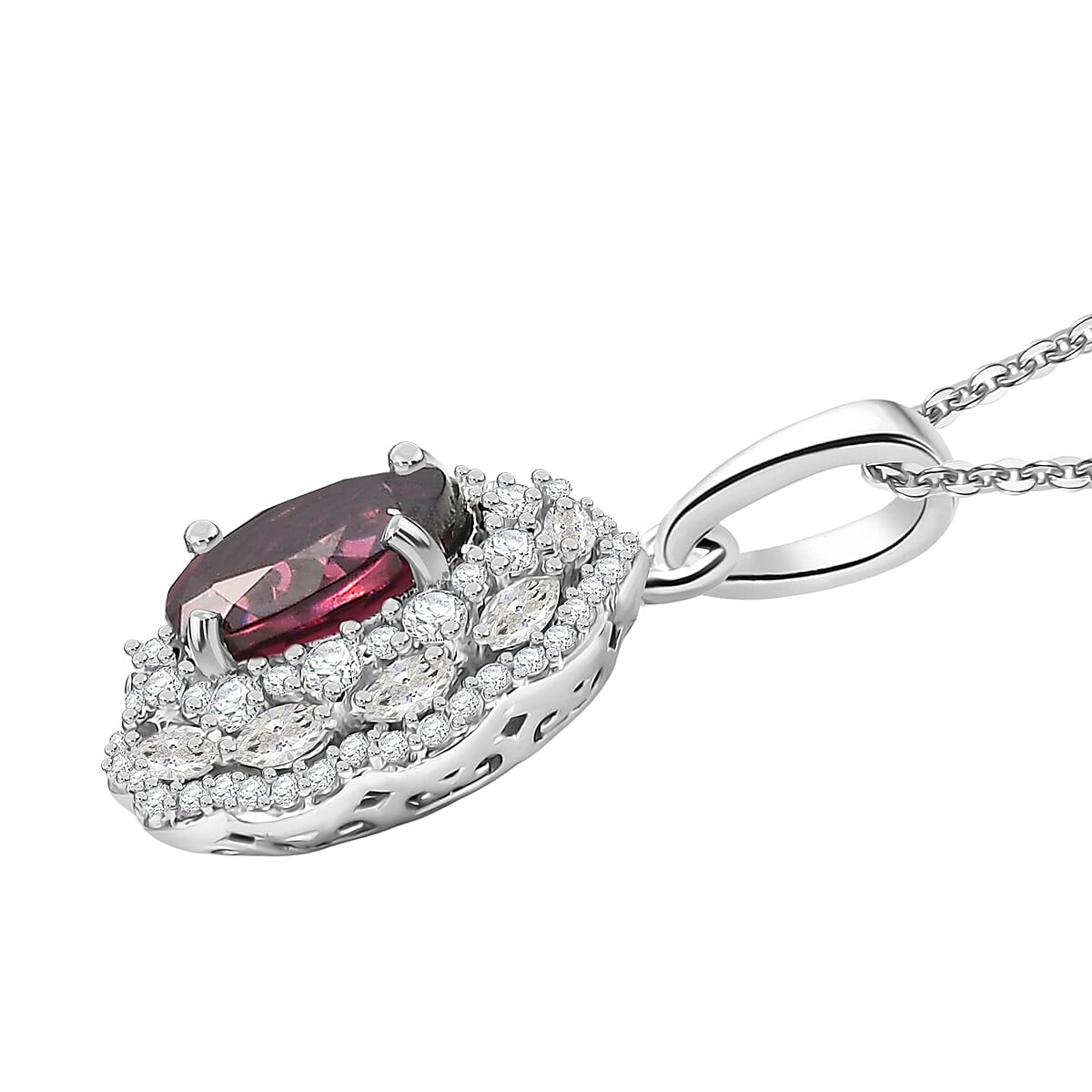 D'Joy Premium Orissa Rhodolite Garnet and White Zircon 4.00 ctw Majestic Bloom Pendant Necklace in Rhodium Over Sterling Silver 20 Inches
