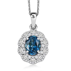 D'Joy Premium London Blue Topaz and White Zircon 3.40 ctw Pendant Necklace in Rhodium Over Sterling Silver 20 Inches