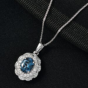 D'Joy Premium London Blue Topaz and White Zircon 3.40 ctw Pendant Necklace in Rhodium Over Sterling Silver 20 Inches