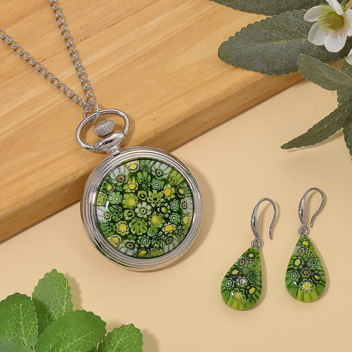 Strada Green Murano Style Japanese Movement Pocket Watch in Silvertone and Stainless Steel Earrings image number 1