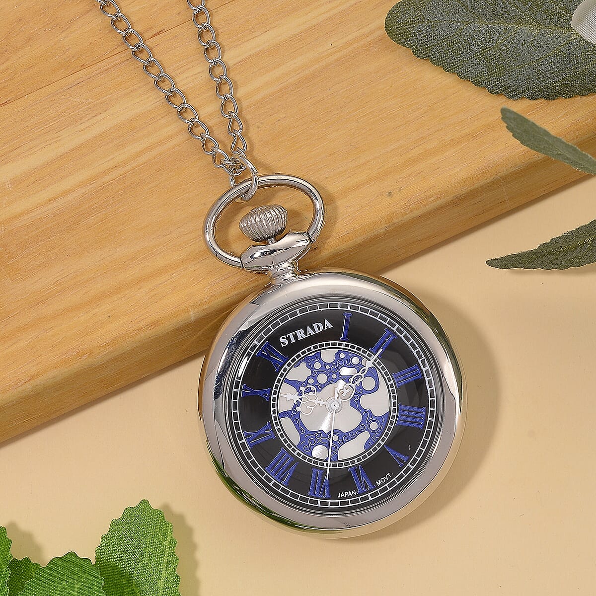 Strada Green Murano Style Japanese Movement Pocket Watch in Silvertone and Stainless Steel Earrings image number 2