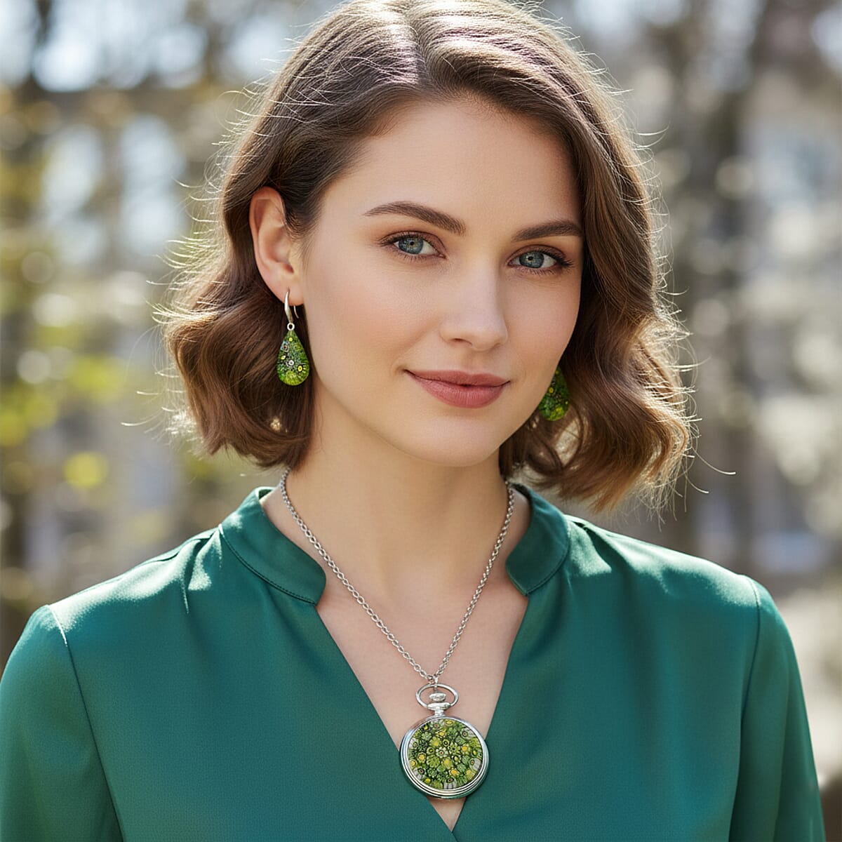 Strada Green Murano Style Japanese Movement Pocket Watch in Silvertone and Stainless Steel Earrings image number 3