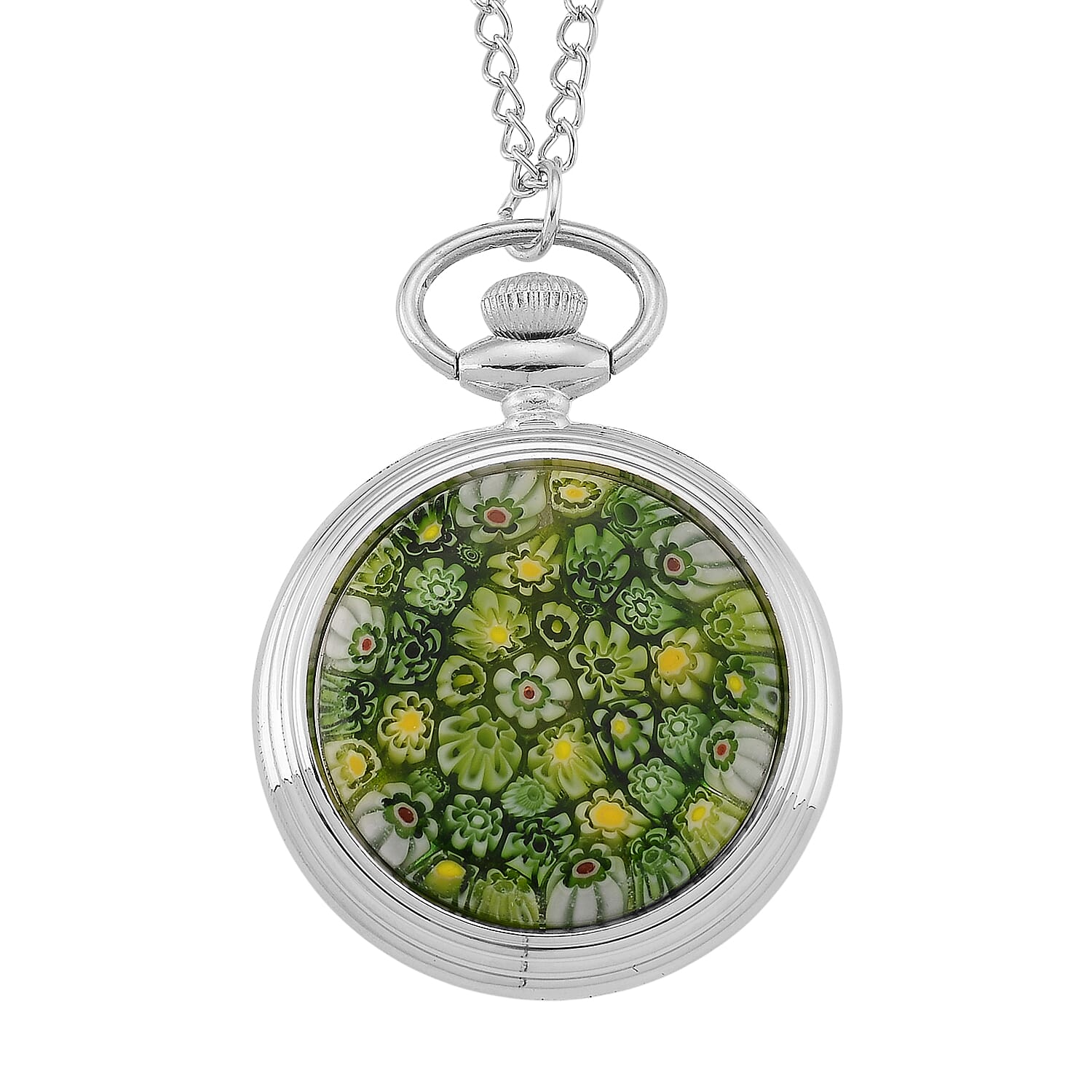 Strada Green Murano Style Japanese Movement Pocket Watch in Silvertone and Stainless Steel Earrings
