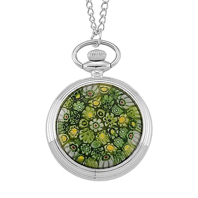 Strada Green Murano Style Japanese Movement Pocket Watch in Silvertone and Stainless Steel Earrings