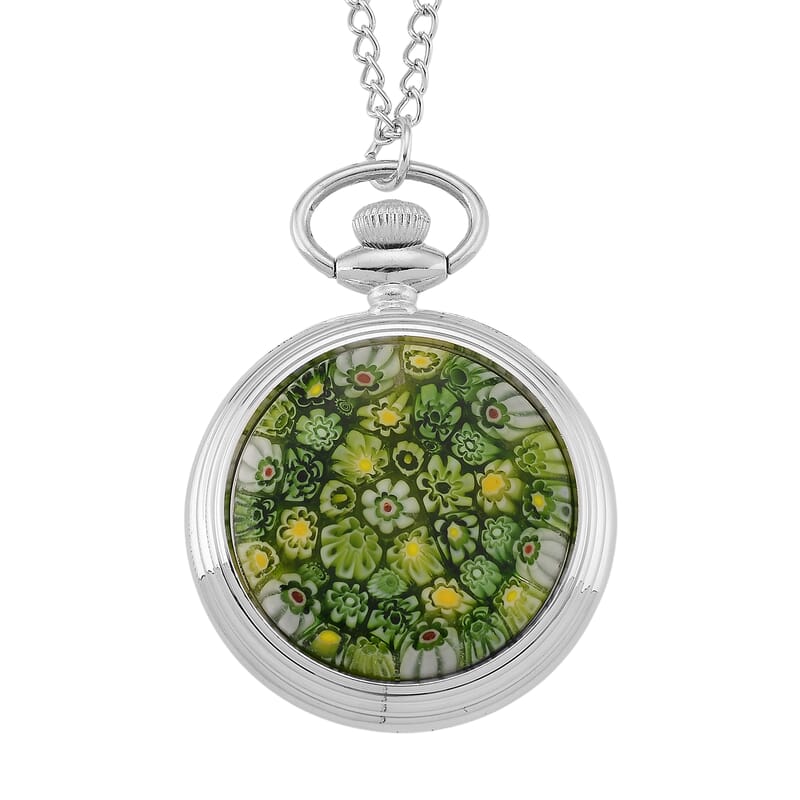 Strada Green Murano Style Japanese Movement Pocket Watch in Silvertone and Stainless Steel Earrings