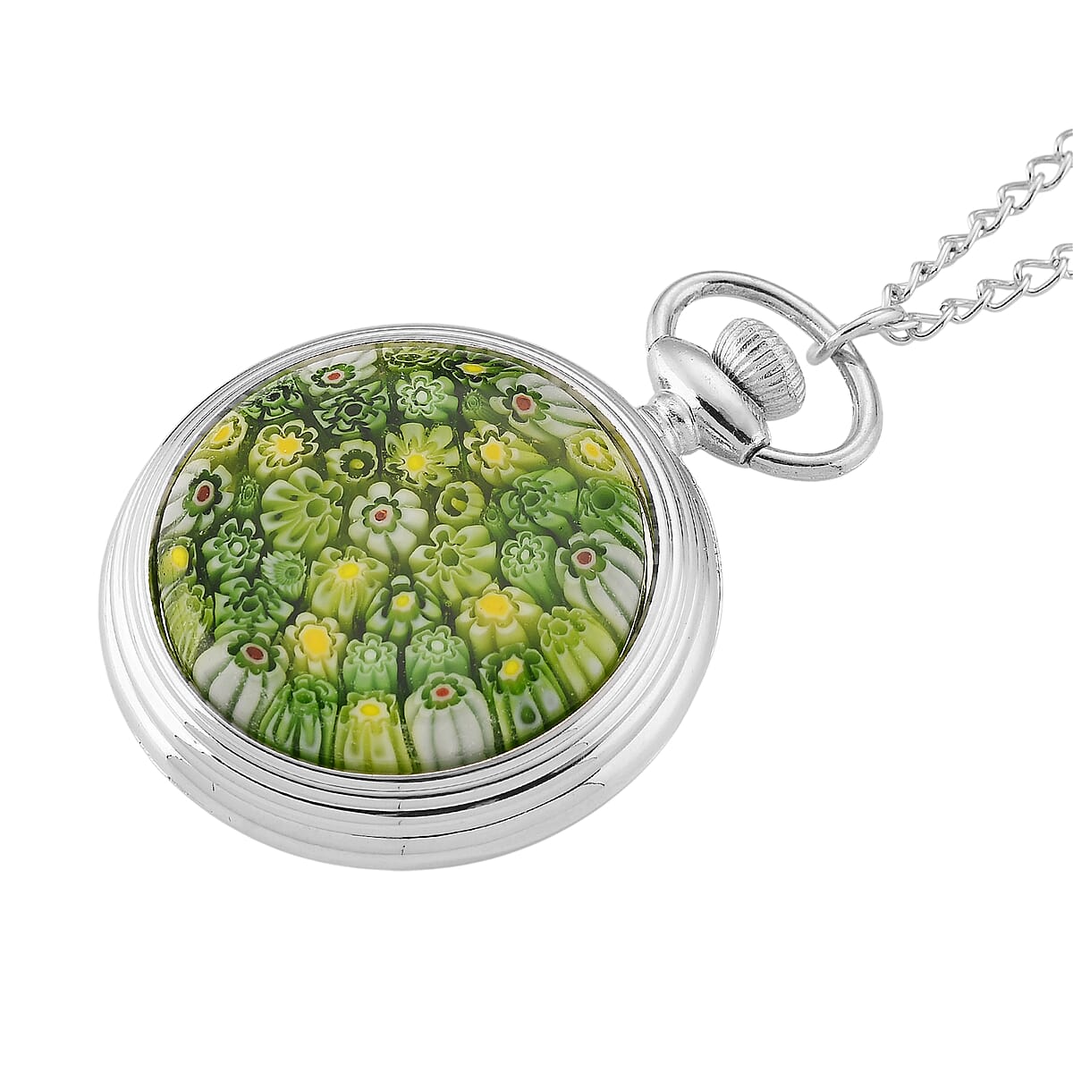 Strada Green Murano Style Japanese Movement Pocket Watch in Silvertone and Stainless Steel Earrings image number 5