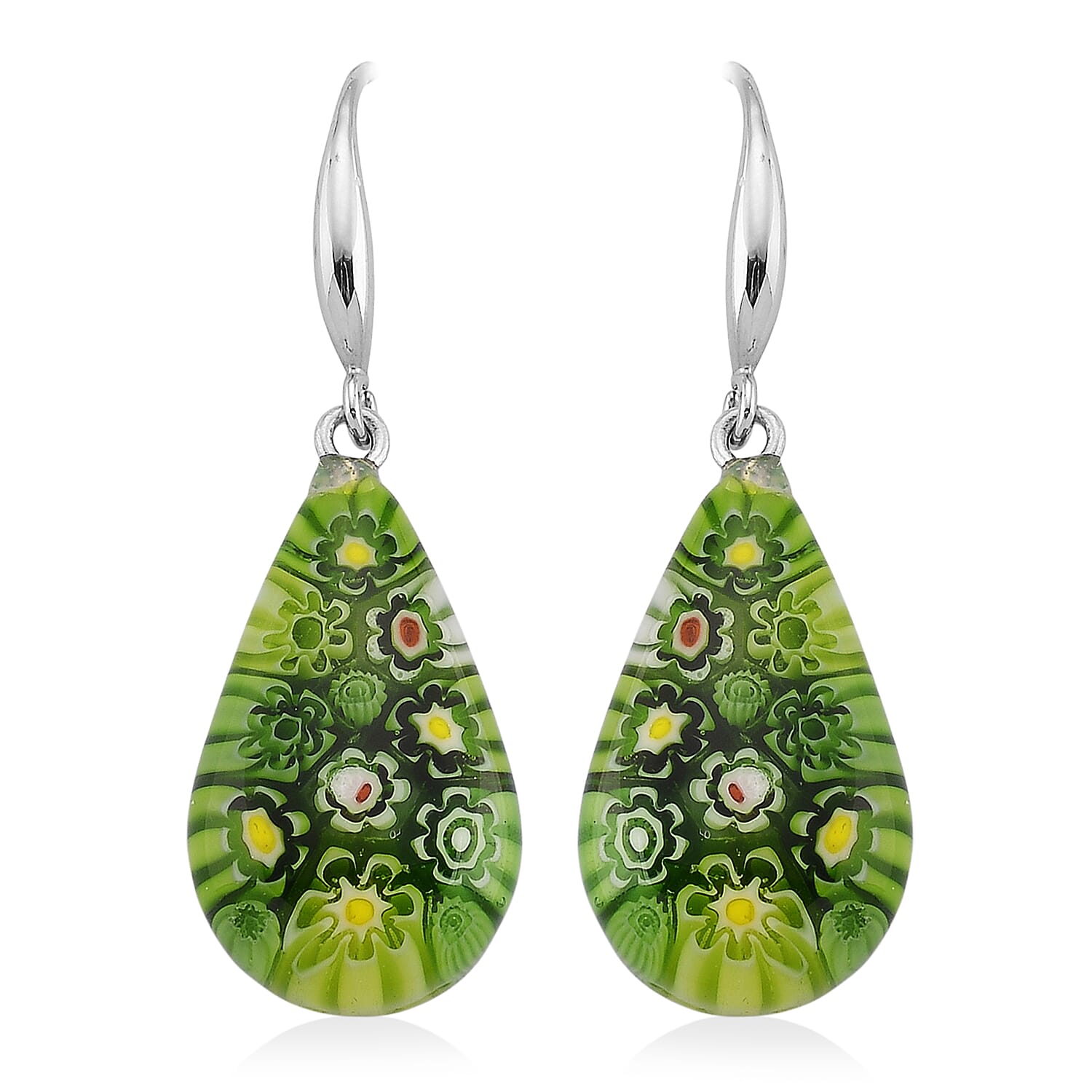 Strada Green Murano Style Japanese Movement Pocket Watch in Silvertone and Stainless Steel Earrings
