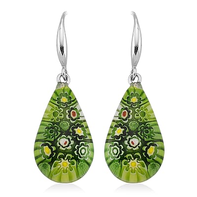 Strada Green Murano Style Japanese Movement Pocket Watch in Silvertone and Stainless Steel Earrings
