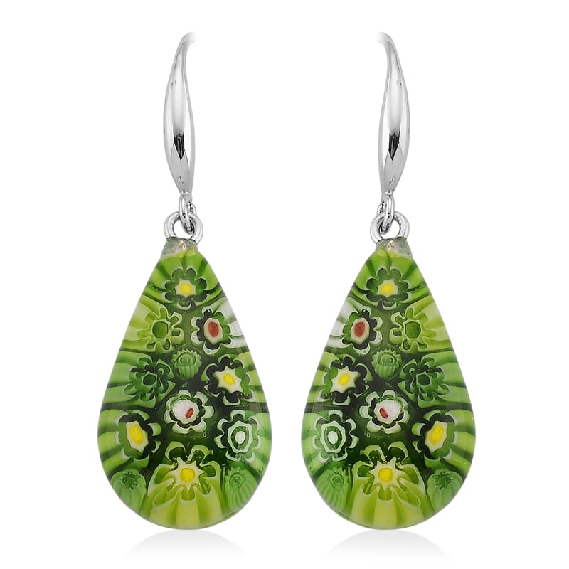 Strada Green Murano Style Japanese Movement Pocket Watch in Silvertone and Stainless Steel Earrings