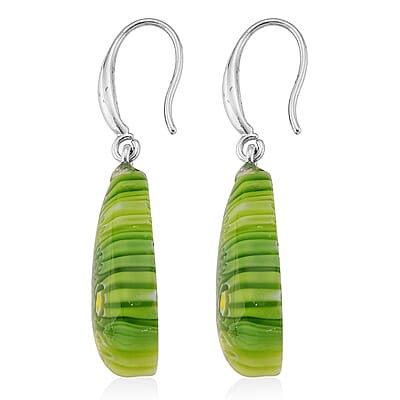 Strada Green Murano Style Japanese Movement Pocket Watch in Silvertone and Stainless Steel Earrings