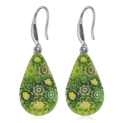 Strada Green Murano Style Japanese Movement Pocket Watch in Silvertone and Stainless Steel Earrings
