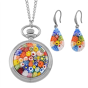 Strada Multi Murano Style Japanese Movement Pocket Watch in Goldtone and ION Plated YG Stainless Steel Earrings