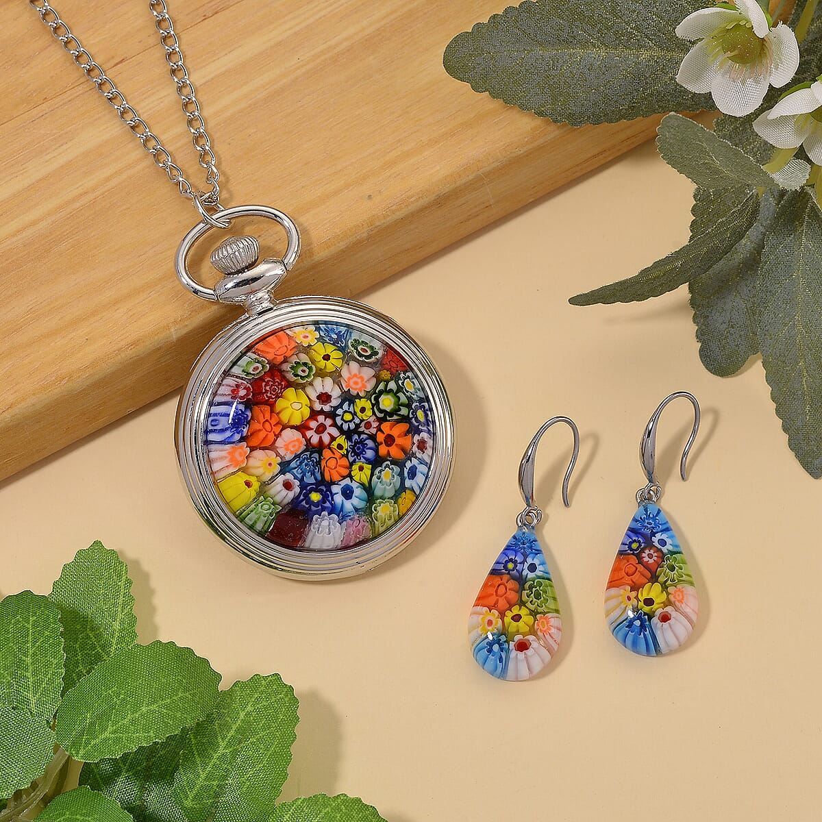 Strada Multi Murano Style Japanese Movement Pocket Watch in Goldtone and ION Plated YG Stainless Steel Earrings image number 1