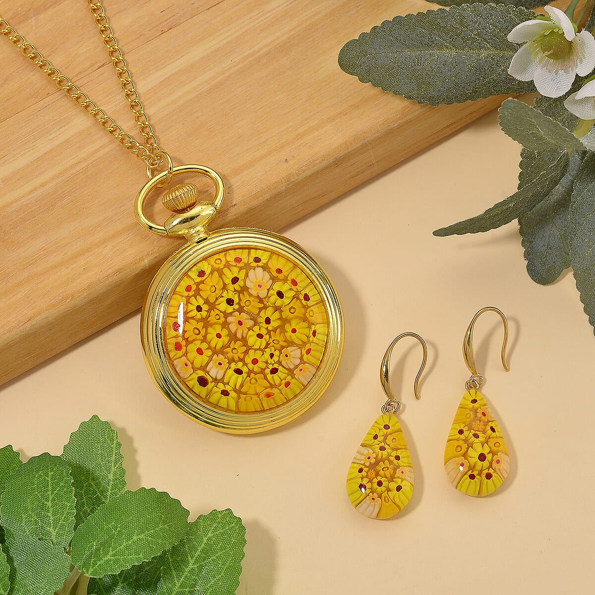 Strada Yellow Murano Style Japanese Movement Pocket Watch in Goldtone and ION Plated YG Stainless Steel Earrings image number 1
