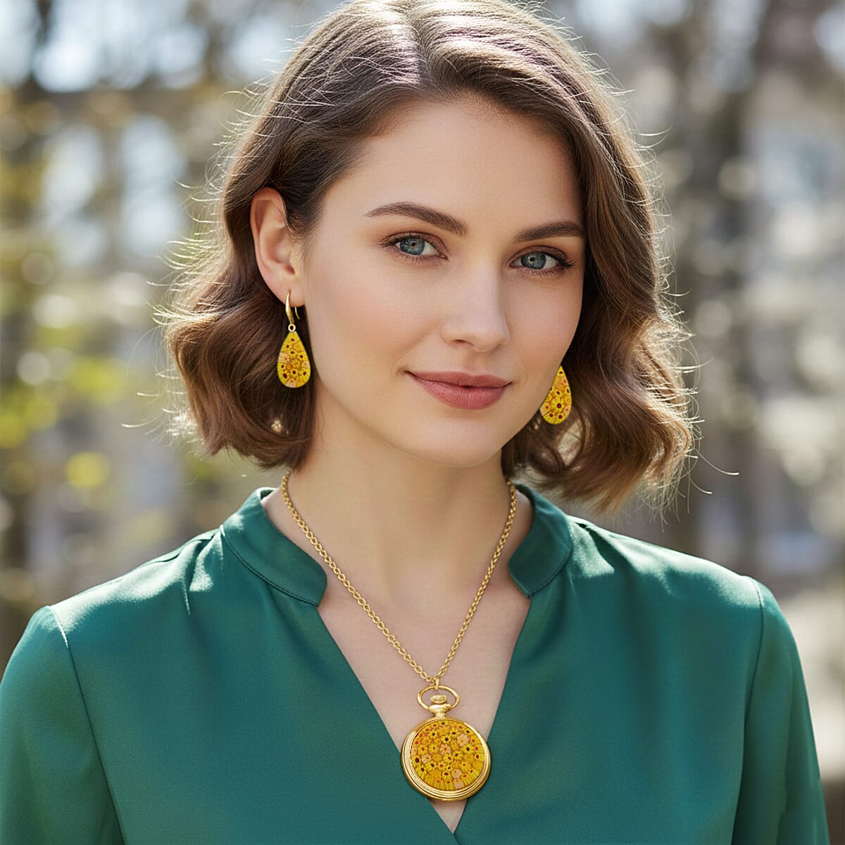 Strada Yellow Murano Style Japanese Movement Pocket Watch in Goldtone and ION Plated YG Stainless Steel Earrings image number 3