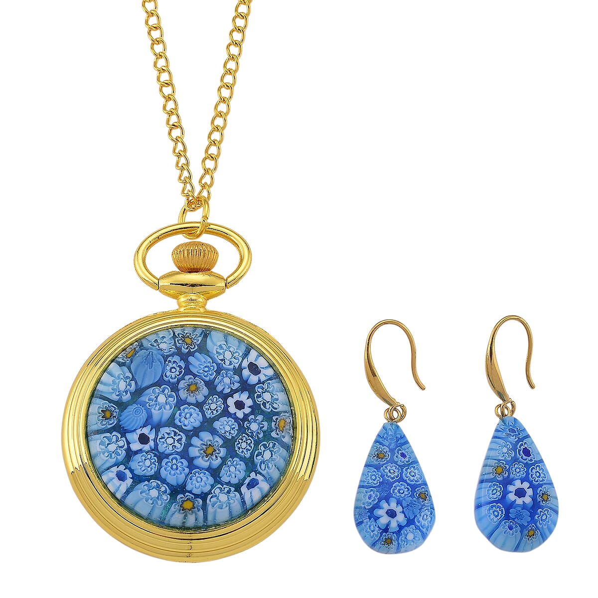Strada Blue Murano Style Japanese Movement Pocket Watch in Goldtone and ION Plated YG Stainless Steel Earrings image number 0
