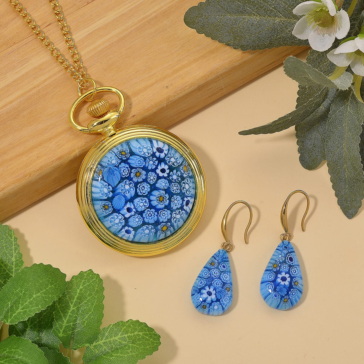 Strada Blue Murano Style Japanese Movement Pocket Watch in Goldtone and ION Plated YG Stainless Steel Earrings image number 1