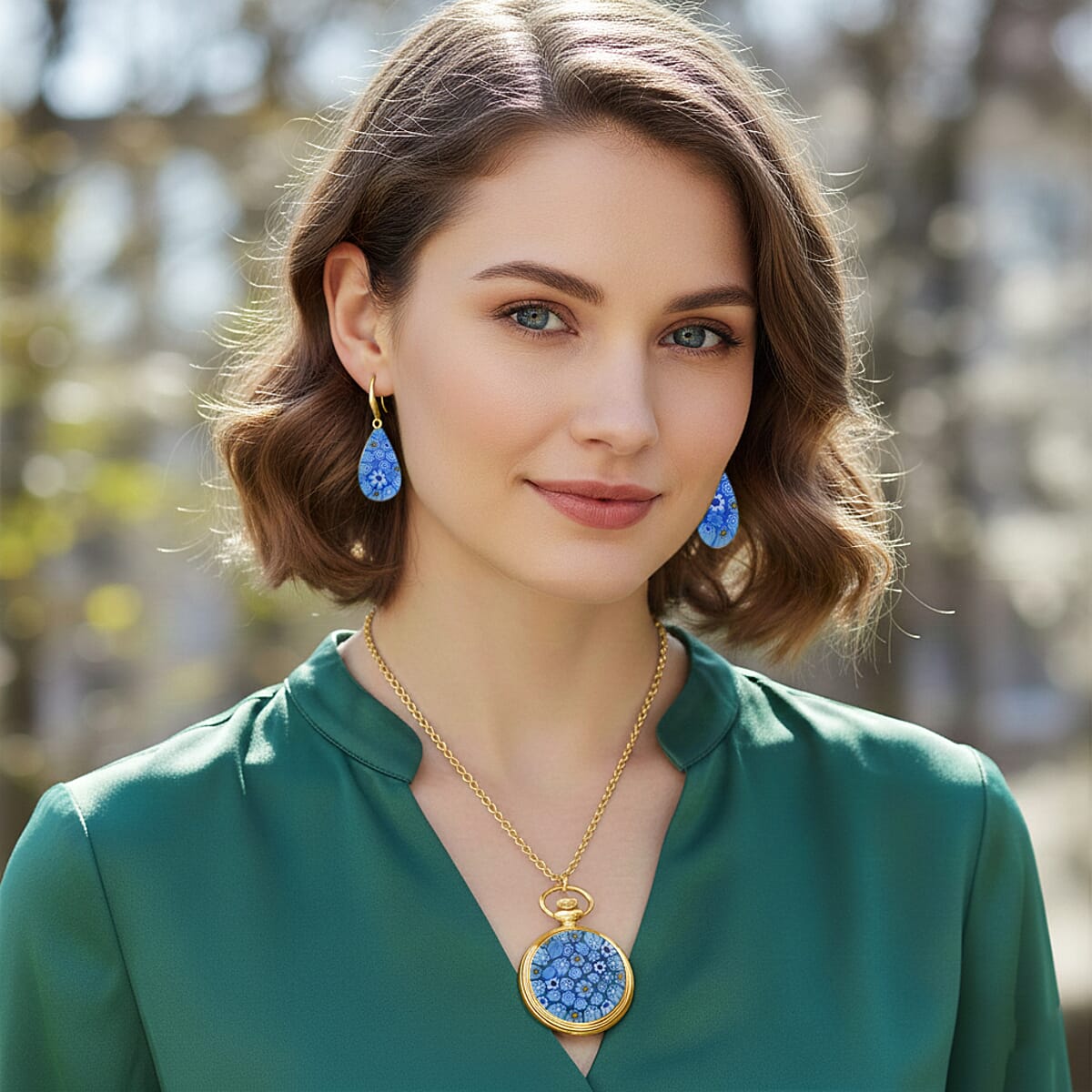 Strada Blue Murano Style Japanese Movement Pocket Watch in Goldtone and ION Plated YG Stainless Steel Earrings image number 3