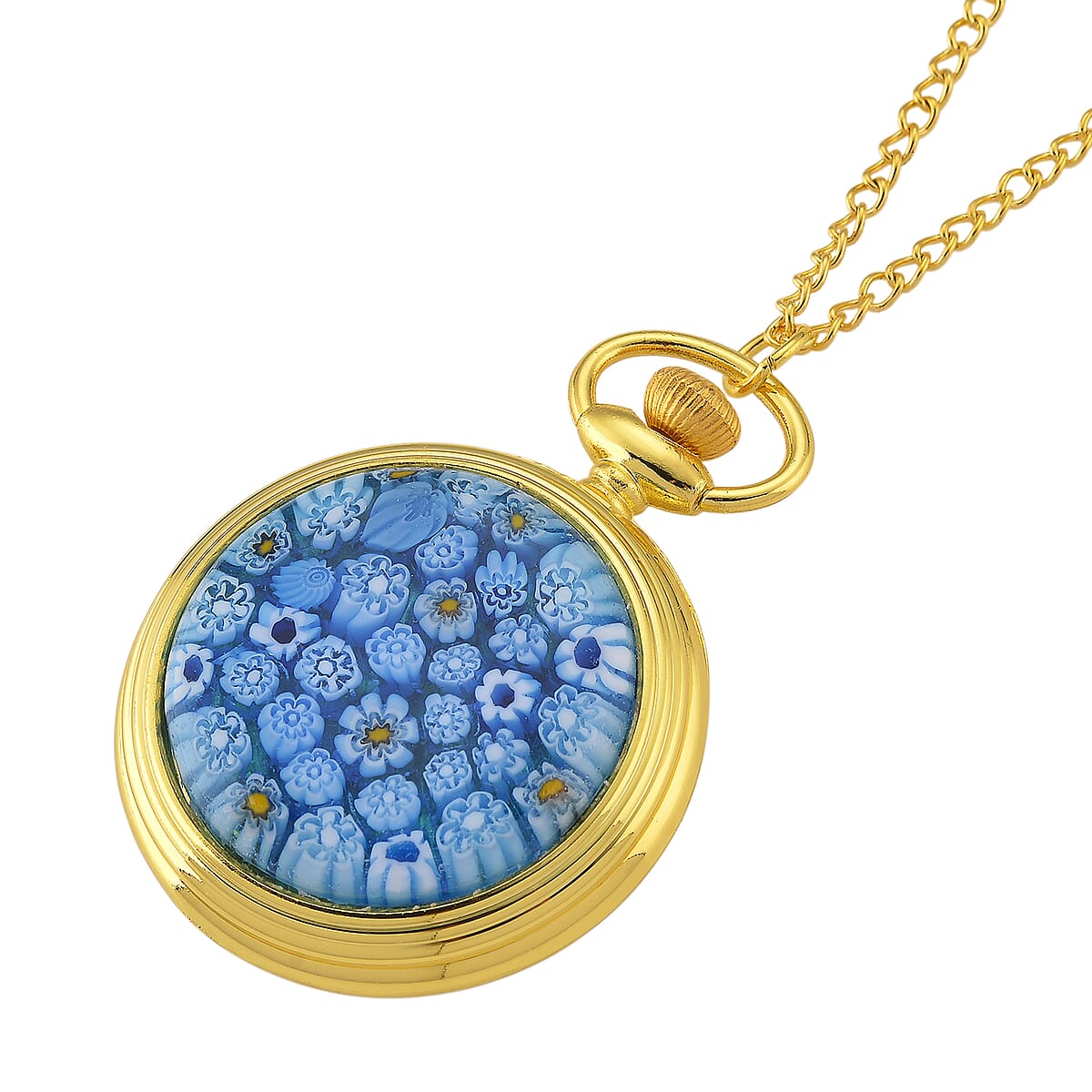 Strada Blue Murano Style Japanese Movement Pocket Watch in Goldtone and ION Plated YG Stainless Steel Earrings image number 5