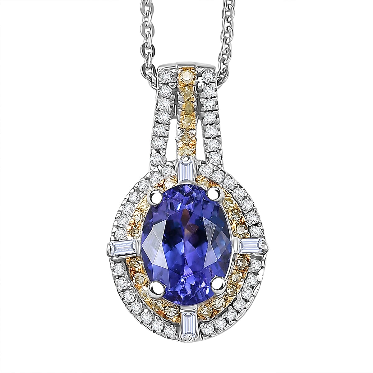 D'Joy Tanzanite, Natural Yellow and White Diamond 1.50 ctw Art Deco Pendant Necklace in Rhodium Over Sterling Silver 20 Inches image number 0
