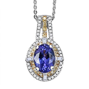 D'Joy Tanzanite, Natural Yellow and White Diamond 1.50 ctw Art Deco Pendant Necklace in Rhodium Over Sterling Silver 20 Inches