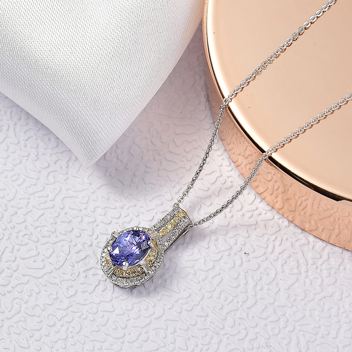 D'Joy Tanzanite, Natural Yellow and White Diamond 1.50 ctw Art Deco Pendant Necklace in Rhodium Over Sterling Silver 20 Inches image number 1