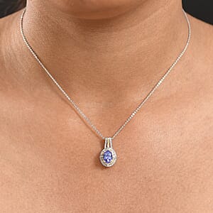 D'Joy Tanzanite, Natural Yellow and White Diamond 1.50 ctw Art Deco Pendant Necklace in Rhodium Over Sterling Silver 20 Inches