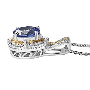 D'Joy Tanzanite, Natural Yellow and White Diamond 1.50 ctw Art Deco Pendant Necklace in Rhodium Over Sterling Silver 20 Inches