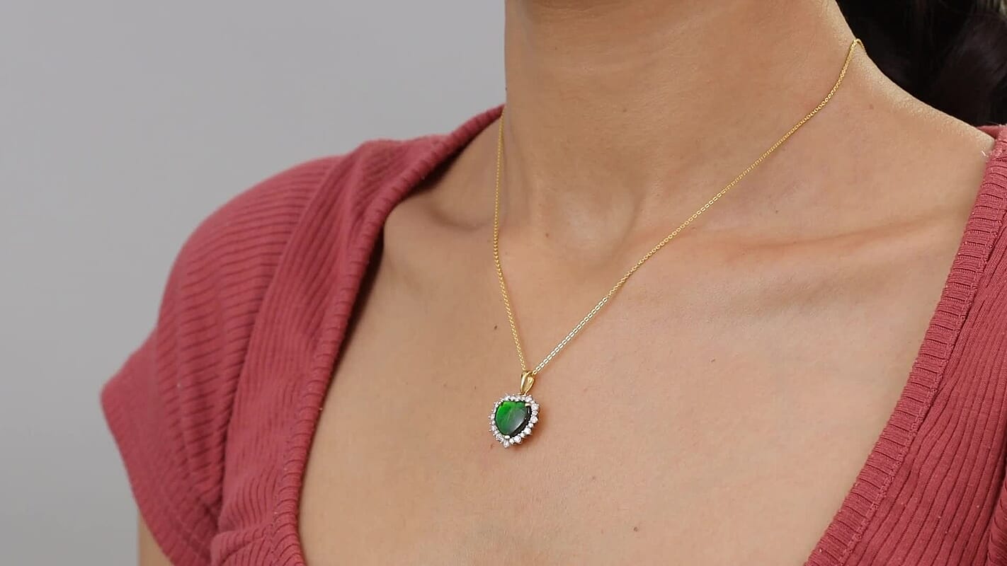 D'Joy Canadian Ammolite and Moissanite 0.50 ctw Heart of the Aurora Pendant Necklace 20 Inches in 18K Vermeil Yellow Gold Over Sterling Silver