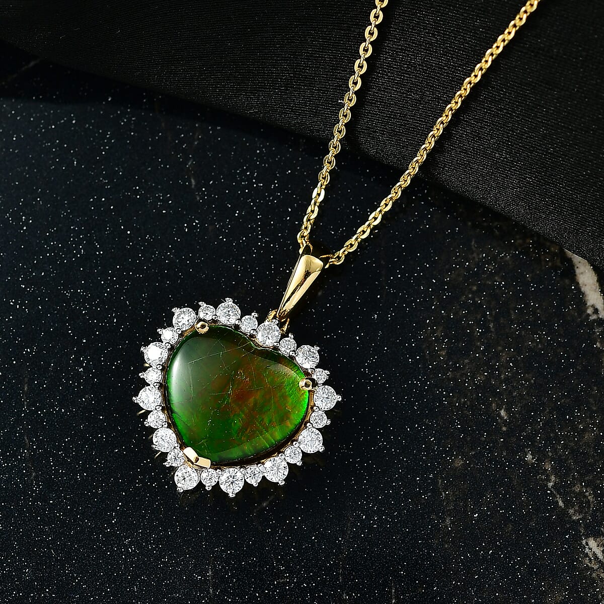 D'Joy Canadian Ammolite and Moissanite 0.50 ctw Heart of the Aurora Pendant Necklace 20 Inches in 18K Vermeil Yellow Gold Over Sterling Silver image number 1