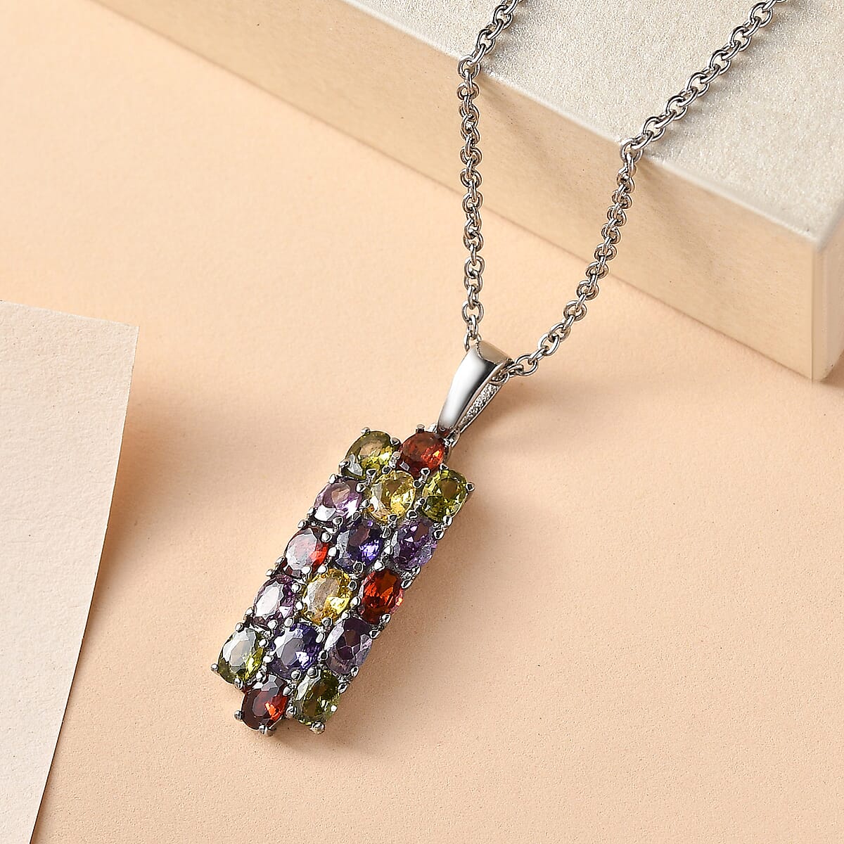 EverTrue Simulated Multi Color Diamond Pendant Necklace (20 Inches) in Stainless Steel 3.75 ctw image number 1