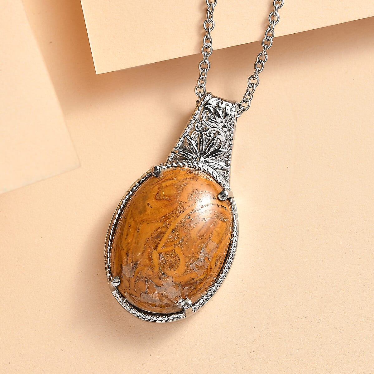 EverTrue Indian Script Stone 12.00 ctw Pendant Necklace in Stainless Steel 20 Inches image number 1