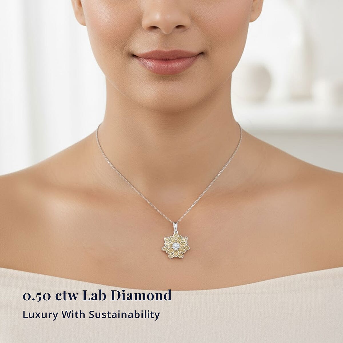 D'Joy Luxuriant Lab Grown Diamond and Lab Grown Yellow Diamond (IR) (SI) 0.50 ctw Sunflower Radiance Pendant Necklace 20 Inches in Rhodium Over Sterling Silver image number 1