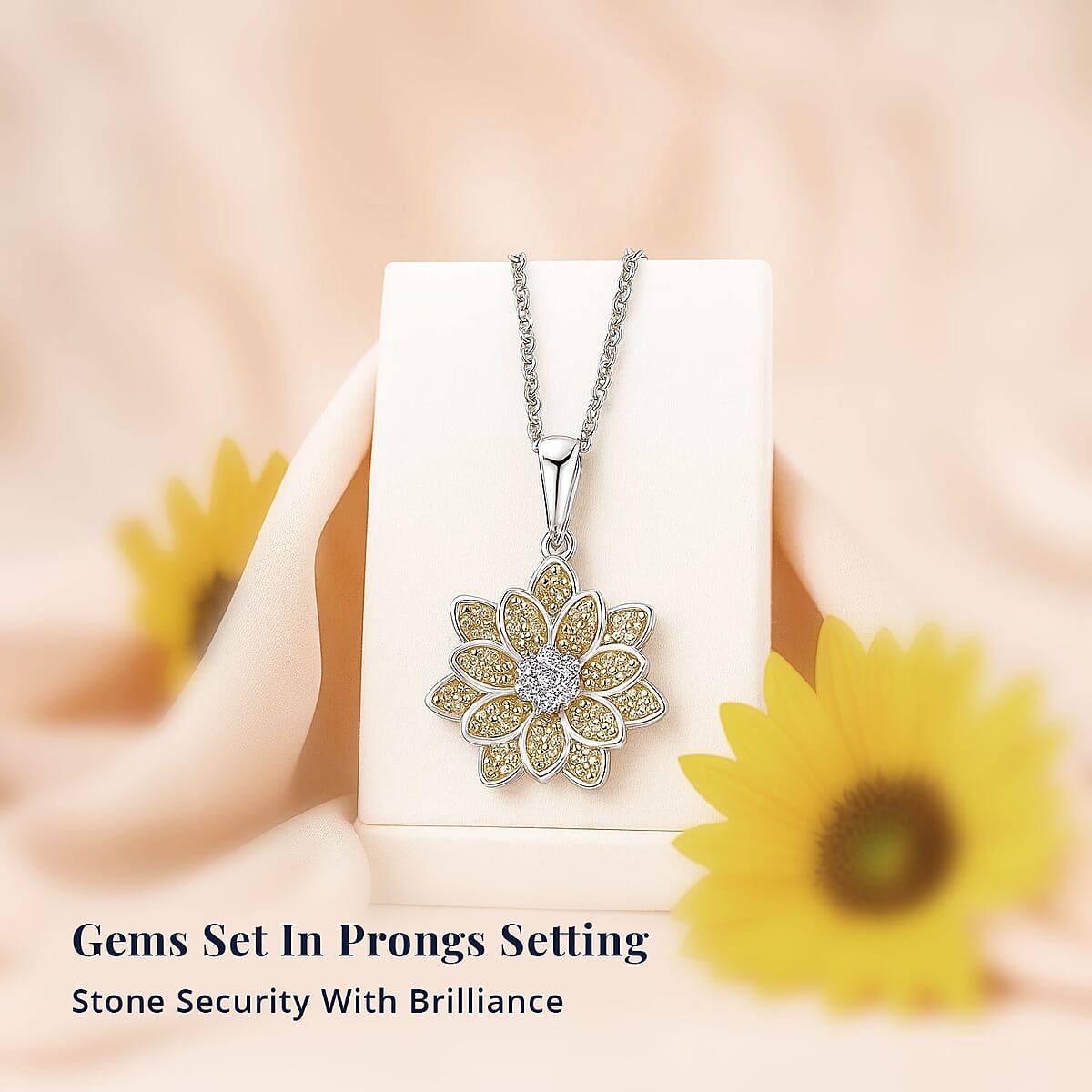 D'Joy Luxuriant Lab Grown Diamond and Lab Grown Yellow Diamond (IR) (SI) 0.50 ctw Sunflower Radiance Pendant Necklace 20 Inches in Rhodium Over Sterling Silver image number 4