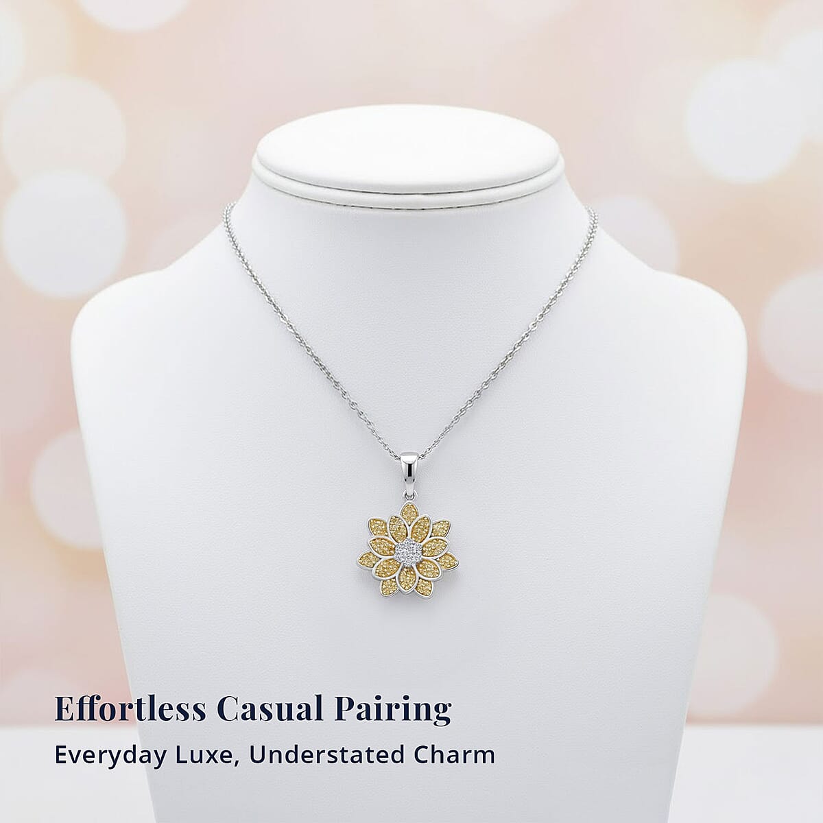 D'Joy Luxuriant Lab Grown Diamond and Lab Grown Yellow Diamond (IR) (SI) 0.50 ctw Sunflower Radiance Pendant Necklace 20 Inches in Rhodium Over Sterling Silver image number 5