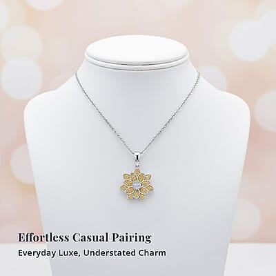 D'Joy Luxuriant Lab Grown Diamond and Lab Grown Yellow Diamond (IR) (SI) 0.50 ctw Sunflower Radiance Pendant Necklace 20 Inches in Rhodium Over Sterling Silver