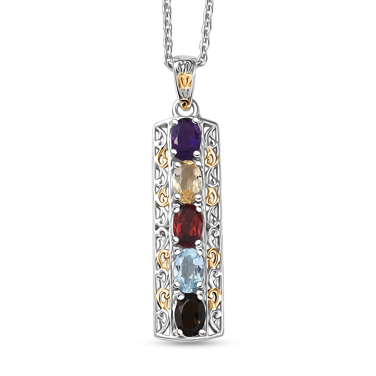 EverTrue Multi Gemstone 2.10 ctw Pendant in 18K YG Plated and Platinum Bond with Stainless Steel Necklace 20 Inches